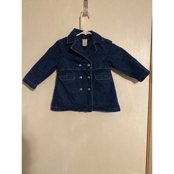 Gymboree Toddler Girls Denim Pea Coat Jacket Polka Dot Lining Blue Small 3Y 0444