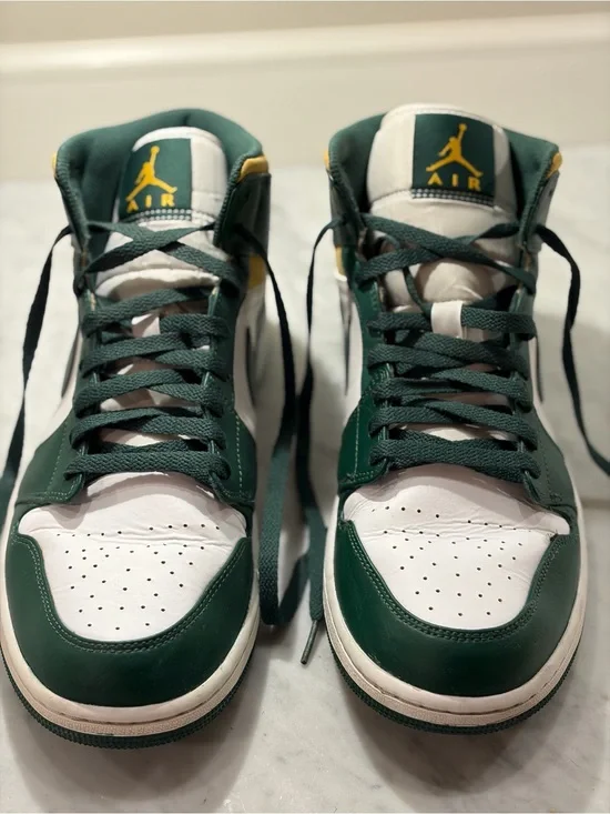 Very Good Air Jordan 1 Mid 'Sonics' Sneakers - in Green, Yellow & White Size 13