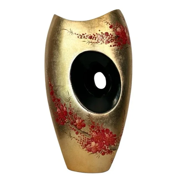 Gold Lacquerware Asian Decor Vase Hand Painted Red Cherry Blossom 12