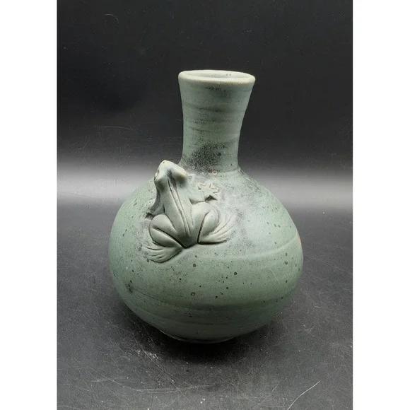 Studio Pottery Frog Bud Vase Celadon Green Speckled Glaze Artisan Stoneware 5.5