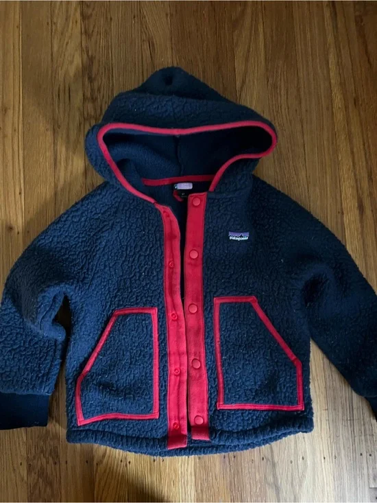 Patagonia Kids Hooded Sherpa Jacket in Navy with Red Trim