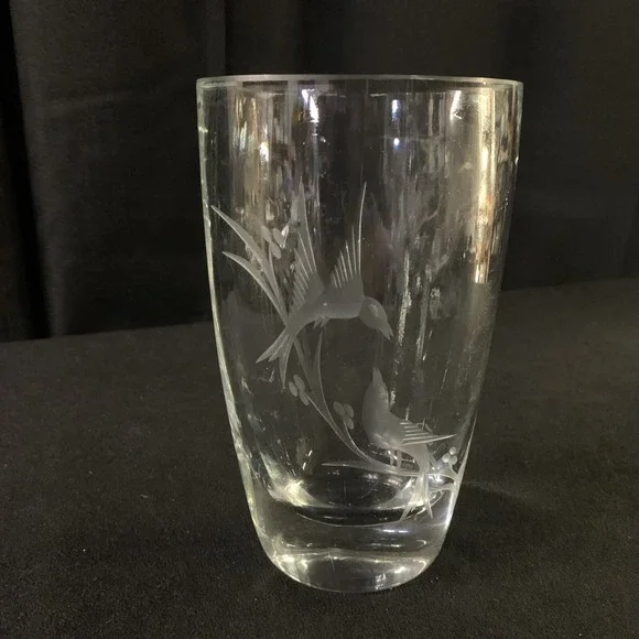 Vintage Art Glass Vase Etched Birds on Branch Oval Heavy Clear 6.5in MCM