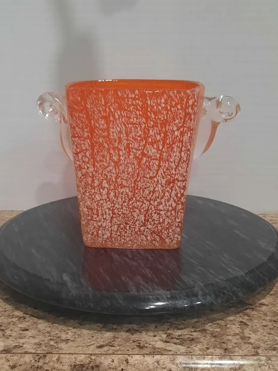 Orange Amberina Art Glass Ice Bucket with Clear Handles