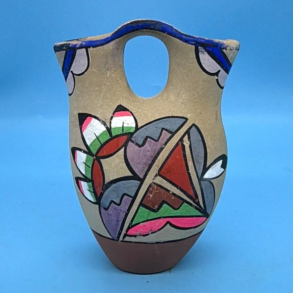 Vintage Jemez Pueblo Style Native American Pottery Wedding Vase Hand Painted