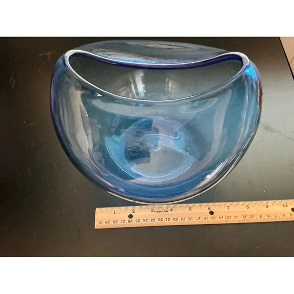 Blue Hand Blown Art Glass Crescent U-Shaped Sculptural Vase Centerpiece 9.5in