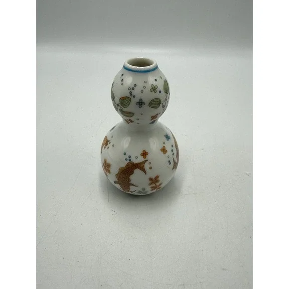 Miniature Porcelain Double Gourd Vase Koi Fish Hand Painted White Ceramic 3 Inch