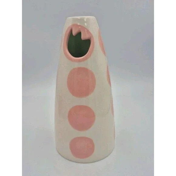 Russ Berrie Pink & White Polka Dot Vase w/ Tulip Cut Out 8 3/8