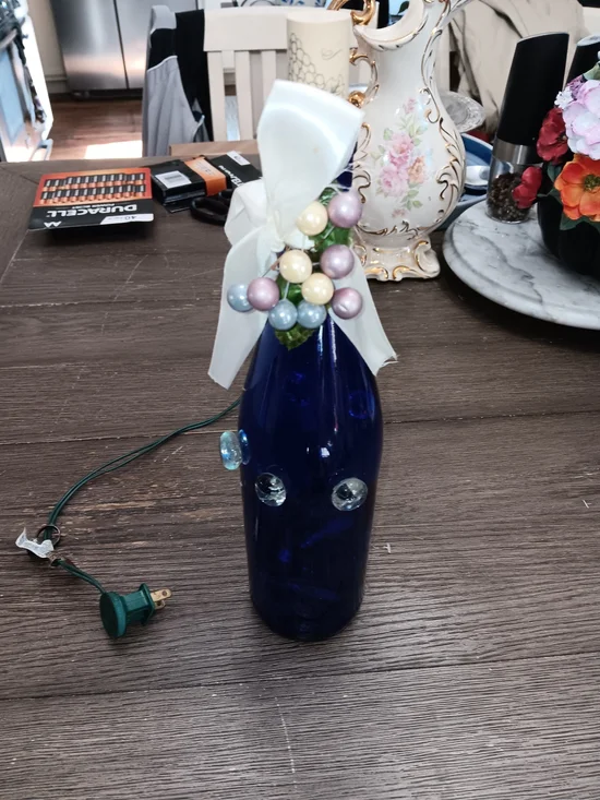 Decorative Cobalt Blue Glass Bottle with Pastel Bead Accent and Bow -lights Up