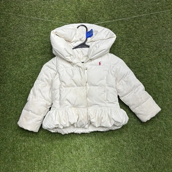 Ralph Lauren Down Jacket Girls 4T Kids Toddler Hooded Peplum Ski Coat Winter