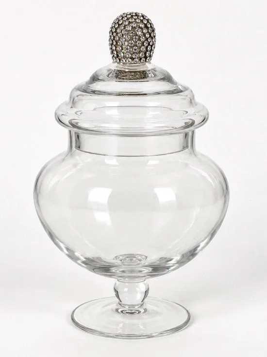 Clear Glass Pedestal Candy Jar with Rhinestone Lid – 9 Inches