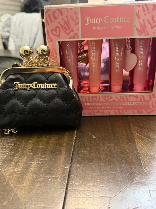 Juicy Couture Black Quilted Mini Coin Purse with Pink Tinted Lip Butter Set