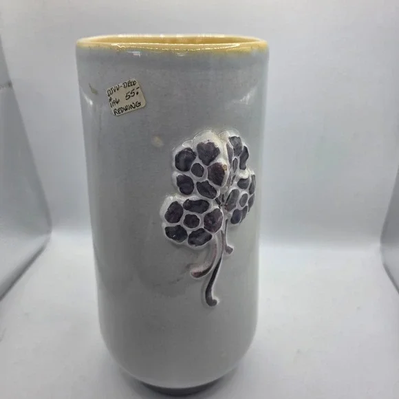 Large Vintage Art Pottery Vase Gray Crackle Glaze Purple Raised Flowers MCM