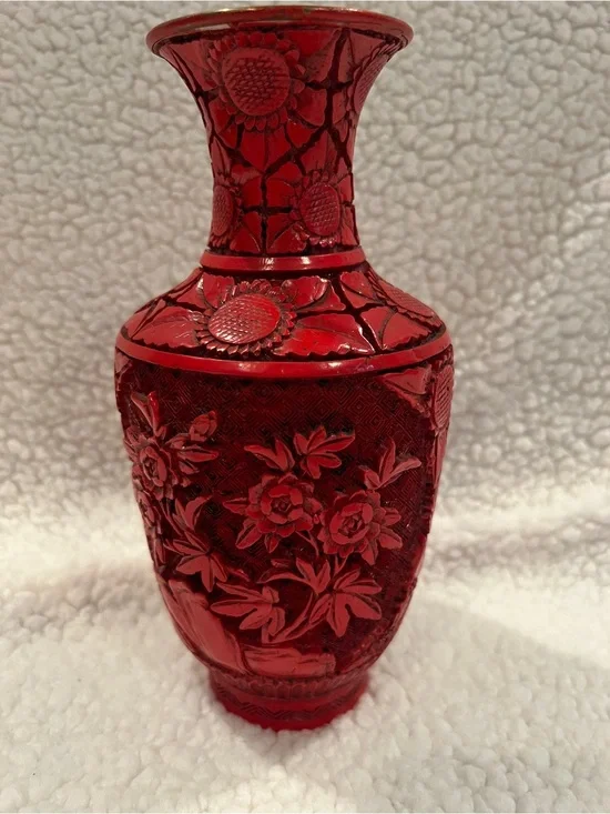 Vintage Chinese Cinnabar Style Carved Red Lacquer Brass Floral Vase , 9”