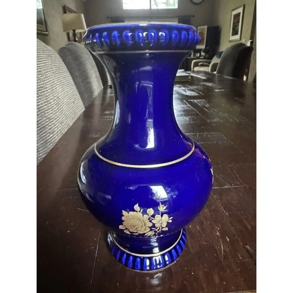 Bareuther Waldsassen Echt Cobalt Blue‎ Vase 22K Gold Floral Rose Sunflower 9.5