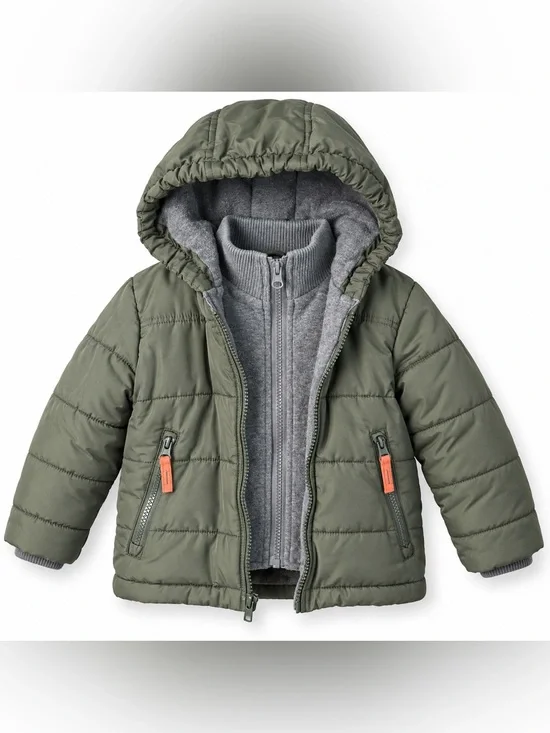 Rothschild Toddler Hooded Puffer Jacket Olive Gray Layered Utility Coat 2T