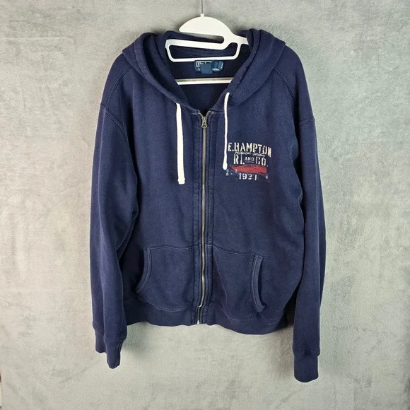 Vintage Polo Ralph Lauren Men XXL Navy E Hampton Heavy Thermal Zip Hoodie Jacket
