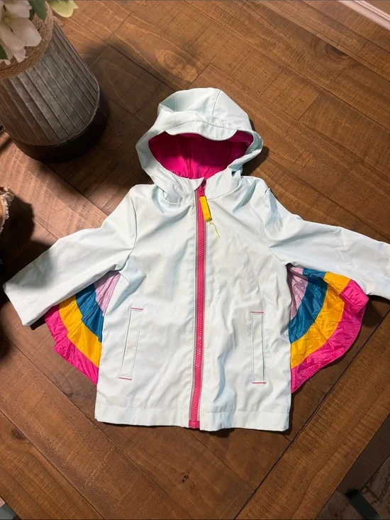 Cat & Jack Mint Hooded Raincoat with Pink Lining and Rainbow Panels