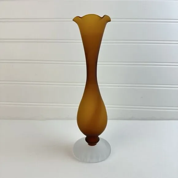 LEFTON Amber Brown Satin Glass Hand Blown Glass Fluted Footed Flower Bud Vase 8”