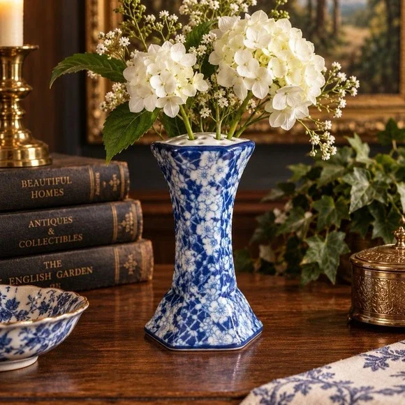 Victoria Ironstone Blue White Floral Flower Frog Vase Chinoiserie 5.5
