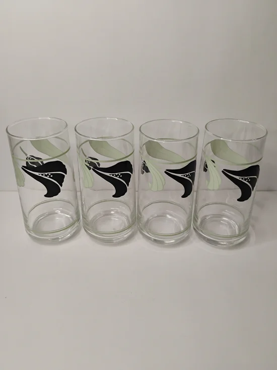 Set of 4 Floral Pattern Tall Drinking Glasses in Light Green and Black