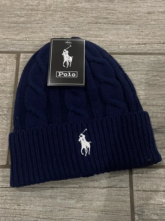 Polo by Ralph Lauren Navy Cable Knit Beanie with White Polo Logo