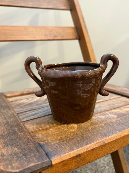 Vintage Brown Glazed Ceramic Double-Handled Planter
