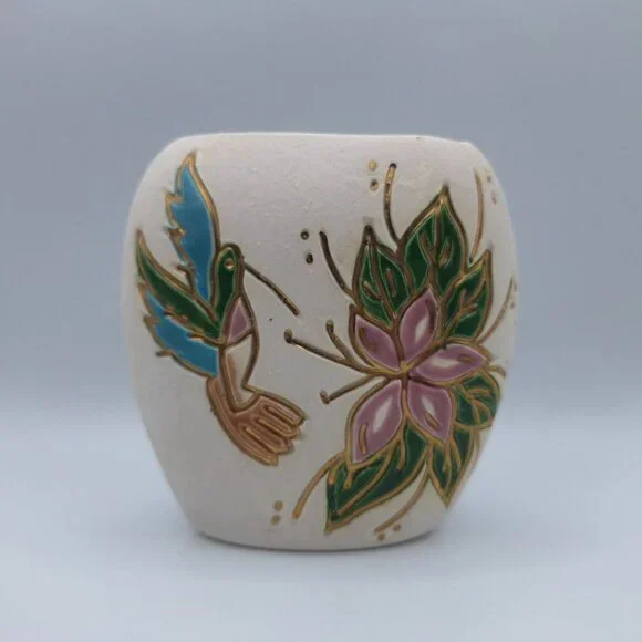 Hummingbird Pottery Vase Small Flower Gold‎ Glaze Signed Art Hummer USA Nix Fly