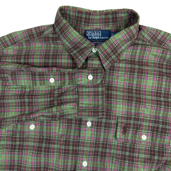 Polo Ralph Lauren Whitfield Classic Fit Green Purple Plaid Cotton Shirt Mens XL