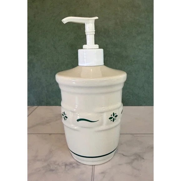 Longaberger Pottery Woven Traditions Ivory Heritage Green Soap Lotion Dispenser