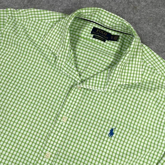 Polo Ralph Lauren Mens Button Front Shirt XL Green Gingham Performance Stretch