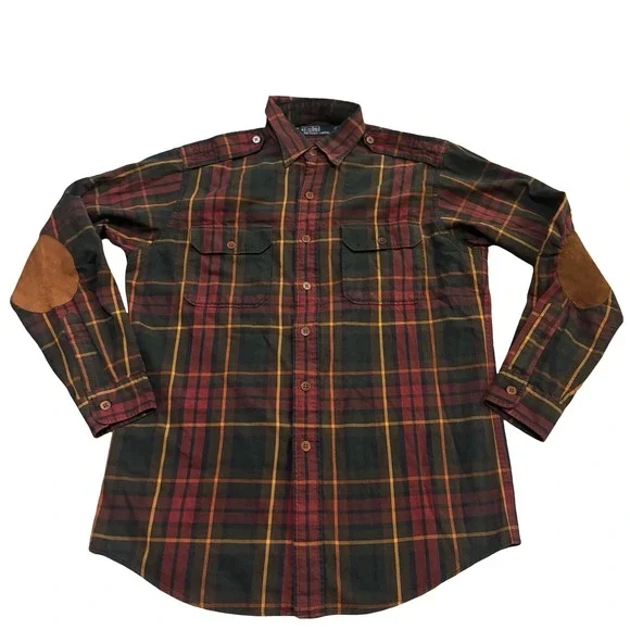Polo Ralph Lauren Mens‎ Plaid Button Down Shirt Elbow Patches Epaulettes Green M