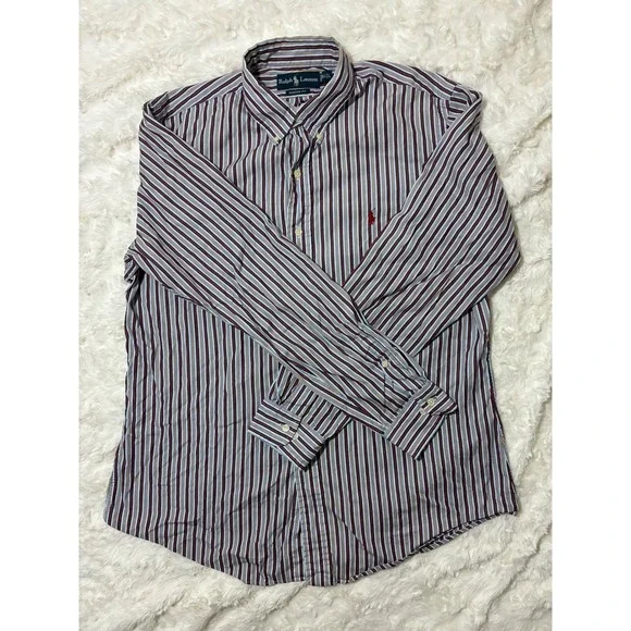 Polo Ralph Lauren Mens Custom Fit Striped Button Down‎ Shirt Blue Red L 16.5