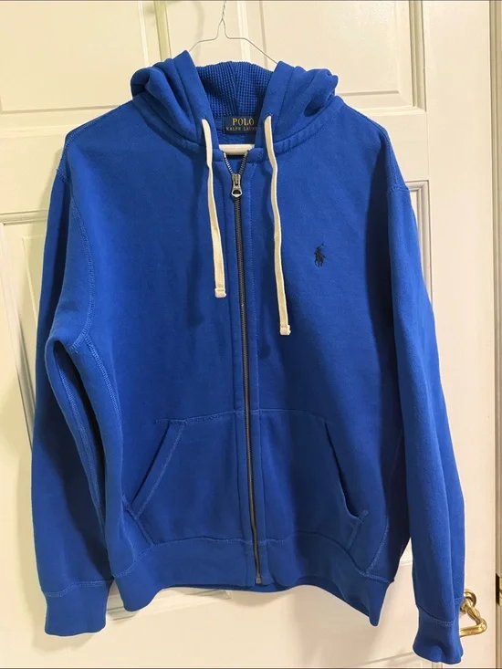 Ralph Lauren Polo Royal Blue Full Zip Hoodie with Contrast Drawstrings. Unisex