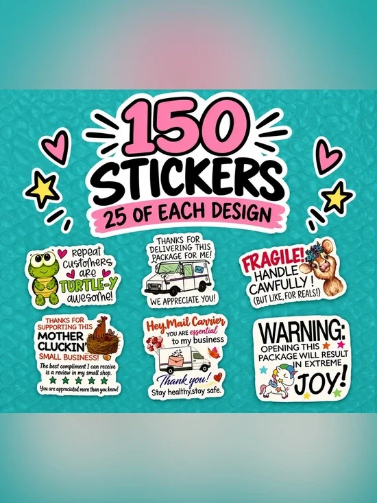 150 Pack Cute Mailer Stickers 25 of each design