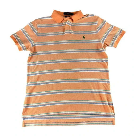 Polo Ralph Lauren Mens Large Custom Fit Orange Striped Short Sleeve Polo Shirt‎