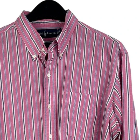 Polo Ralph Lauren Mens XL 100% Cotton Long Sleeve Button‎ Down Pony Pink Striped