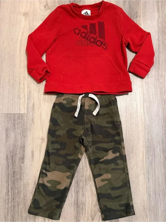 adidas Red Sweatshirt with Camo Joggers Kids Matching Set 24 Months