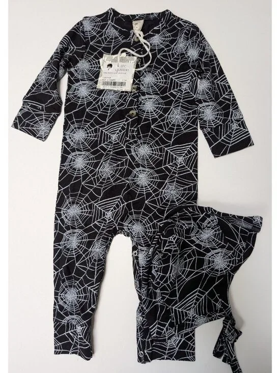 Kate Quinn Bamboo Spooky Halloween Jumpsuit Spiderwebs 6-12 & Bill Hat