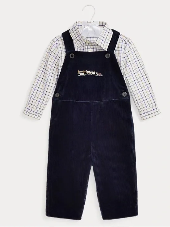 NWT Ralph Lauren Embroidered Corduroy Overall and Cotton Shirt Set 18 mos