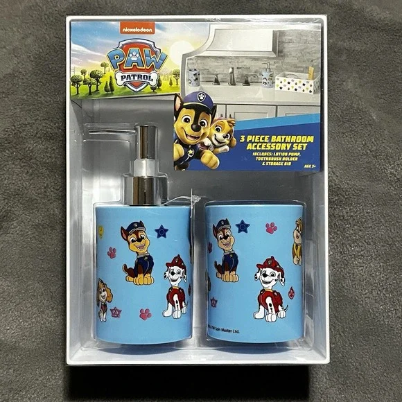 Paw Patrol 3 Pc Bathroom Accessory Set Tooth‎ Brush Holder-lotion/soap Pump-Bin