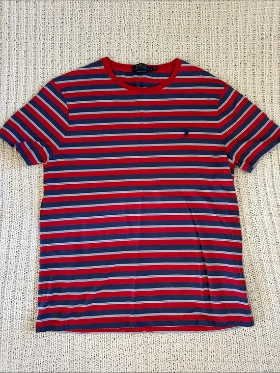 Polo by Ralph Lauren Red, Navy & White Striped Crew Neck Tee