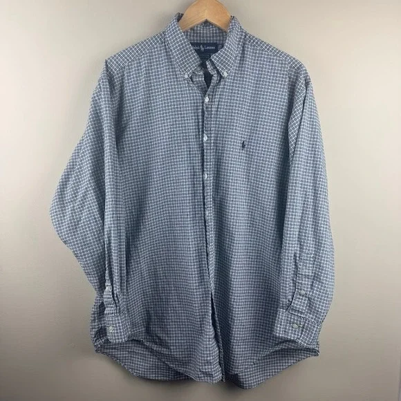 Ralph Lauren Yarmouth Mens 17-34 Navy White Micro Check Cotton Button Down Shirt