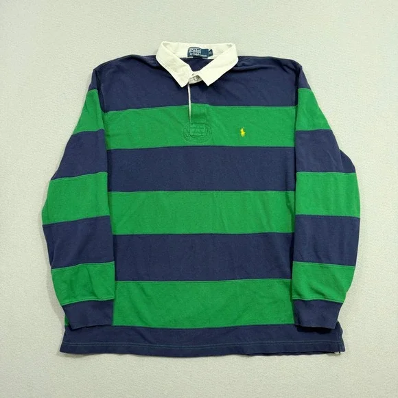 Vintage Polo Ralph Lauren Rugby Shirt Mens XXL Green Blue Striped Long Sleeve