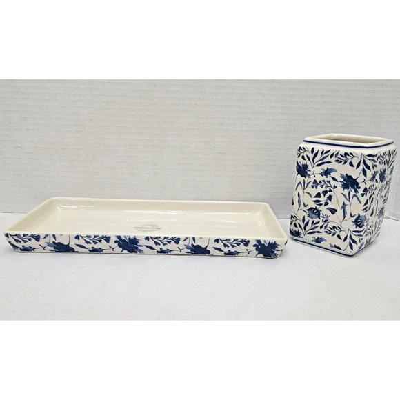 Southern Living Caroline Blue/White Floral Chinoiserie Lot/2 Vanity Tray/Holder