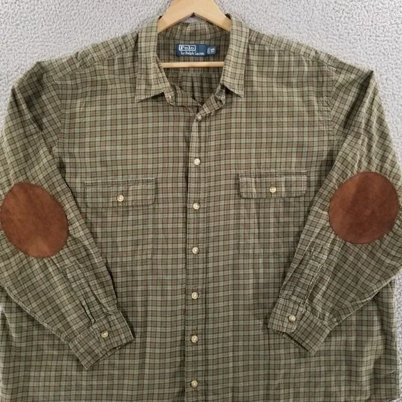 Polo Ralph Lauren Shirt Mens Big 3X Green Plaid Elbow Patch Long Sleeve Cotton