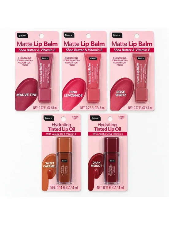 b.pure Lip Balm + Tinted Lip Oil 5-Piece Set Mauve Pink Rose Caramel Merlot NEW