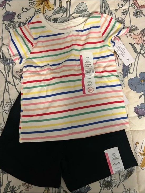 wonder nation White Tee with Rainbow Stripes and Black Shorts Set