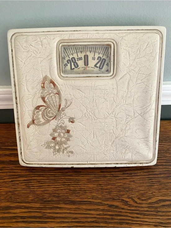 Vintage 1970s Boho Bathroom Scale Padded Top Embroidered Butterfly and Flowers