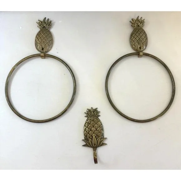 Brass Pineapple‎ Towel Rings Wall Hook Tropical Bath Decor Set Of 3 Taiwan