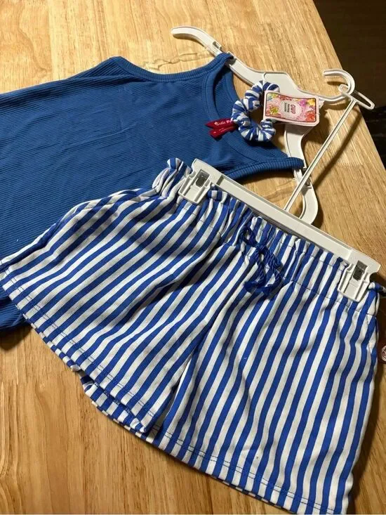 Blue Ribbed Tank with Blue & White Striped Shorts Set